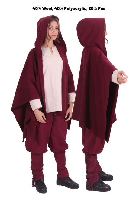  STELLA Burgundy Wool Pancho - Medieval Viking and Daily use Hooded Wool Pancho. 