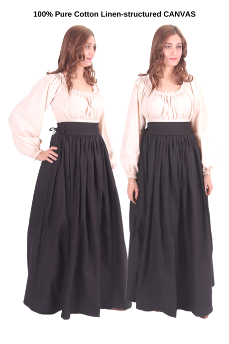 ANIKA Black Cotton Canvas Skirt - Medieval Viking Renaissance Back waist gathered women skirt. Made by bycalvina.us