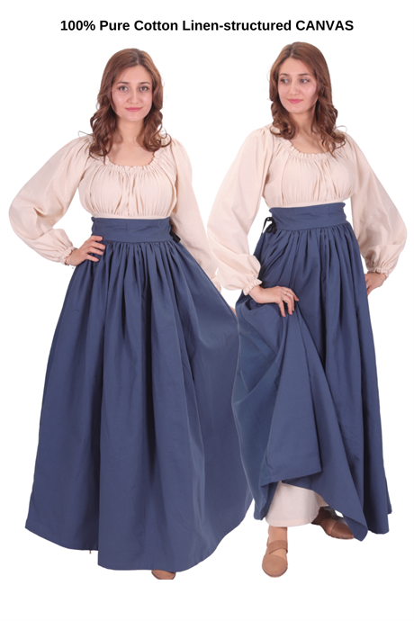 ANIKA Blue Cotton Canvas Skirt - Medieval Viking Renaissance Back waist gathered women skirt. Made by bycalvina.us
