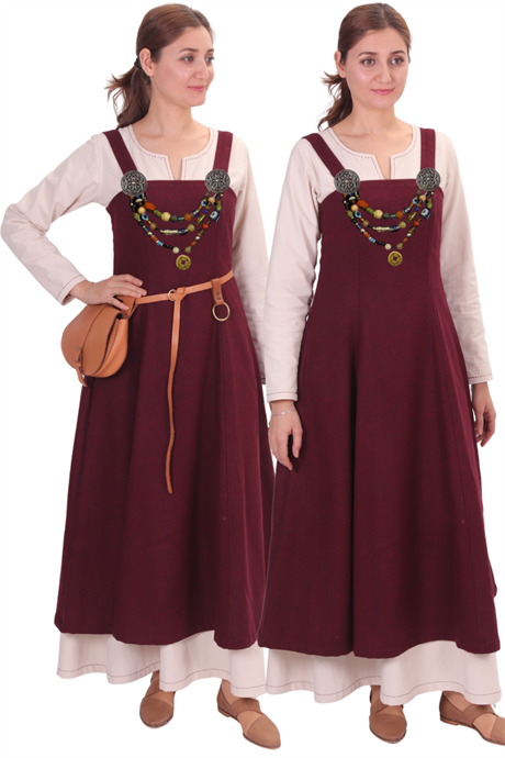 ANNA : Burgundy- Medieval Viking Wool Apron Dress