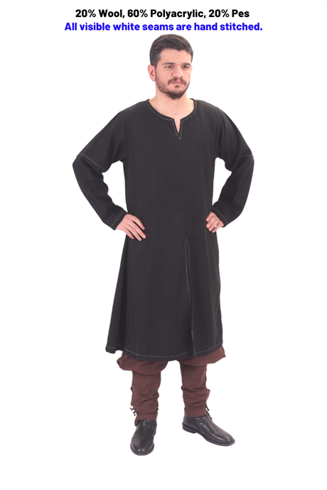 ARNE Black Wool Tunic : Medieval Viking Long sleeve Handstitched Wool Tunic 