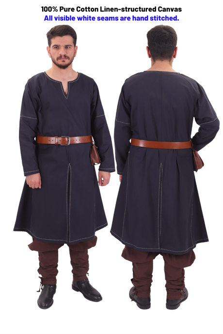 ARVID Dark Blue Cotton Canvas Tunic : Medieval Viking Long sleeve cotton Handstitched canvas tunic 