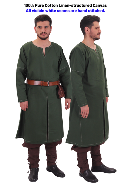 ARVID Green Cotton Canvas Tunic : Medieval Viking Long sleeve cotton Handstitched canvas tunic 