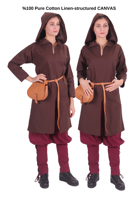 ATIYE Brown Cotton Canvas Tunic : Medieval Viking Larp Middle Ages costume Long sleeve back and front slits hooded Tunic