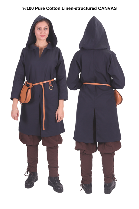 ATIYE Dark Blue Cotton Canvas Tunic : Medieval Viking Larp Middle Ages costume Long sleeve back and front slits hooded Tunic