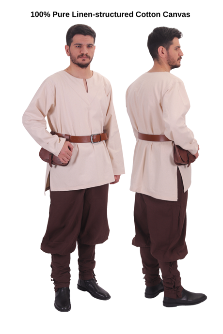 CARA Natur Cotton Tunic - Medieval Viking Larp Middle Ages costume Larp Norse and Reenactment Long Sleeve Cotton Canvas  Mens Tunic. 
