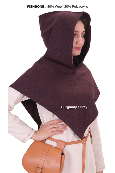 DIANA Burgundy Fishbone Wool- Medieval Viking Unisex Hood 