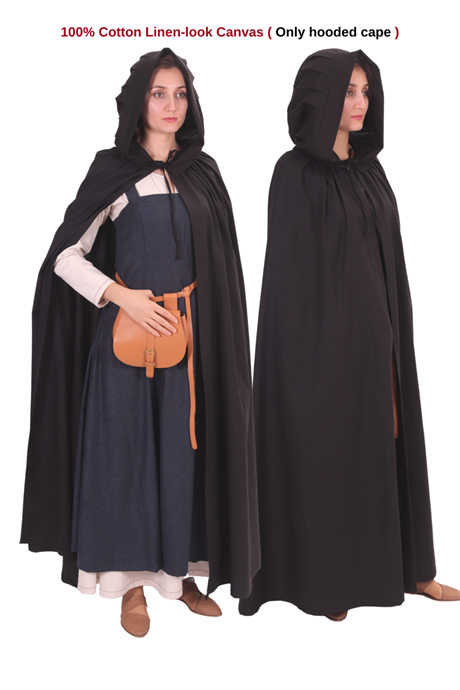 DINA Black Hooded Cloak - Medieval Viking Larp Renaissance Pleated Hood Cloak . Made in Turkey by bycalvina