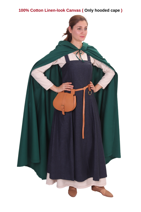 DINA Forest-Green Hooded Cloak - Medieval Viking Larp Renaissance Pleated Hood Cloak . Made in Turkey by bycalvina