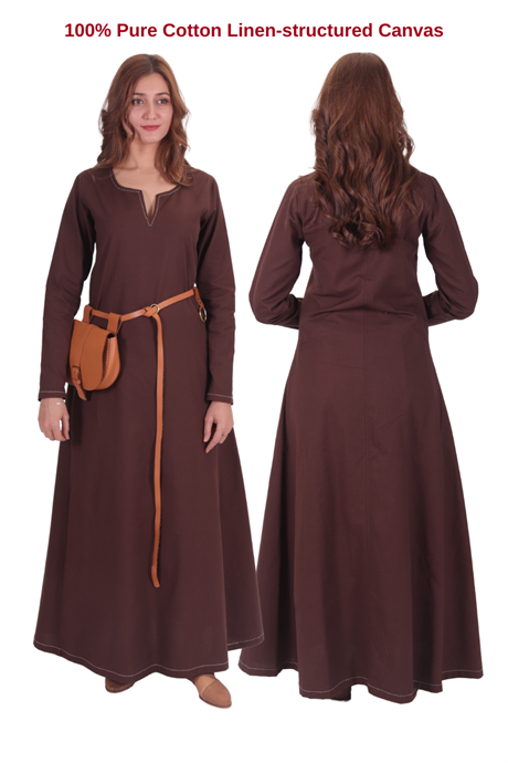 FREYA Brown Cotton Canvas :  Medieval Viking Nordic Cotton Underdress from 10th and 11th century. 