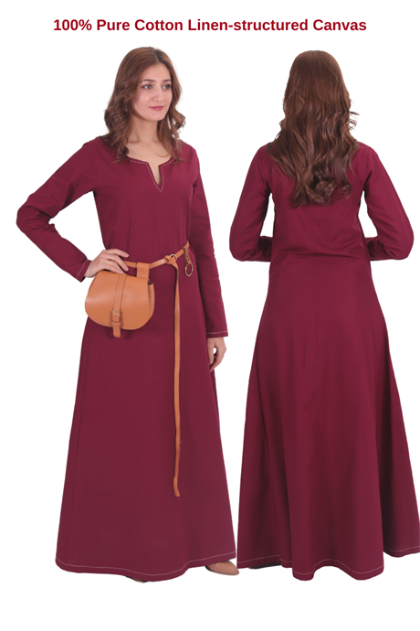 FREYA Burgundy Cotton Canvas :  Medieval Viking Nordic Cotton Underdress from 10th and 11th century. 