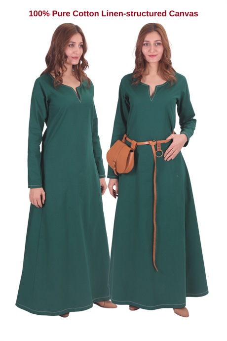 FREYA Forest Green Cotton Canvas :  Medieval Viking Nordic Cotton Underdress from 10th and 11th century. 