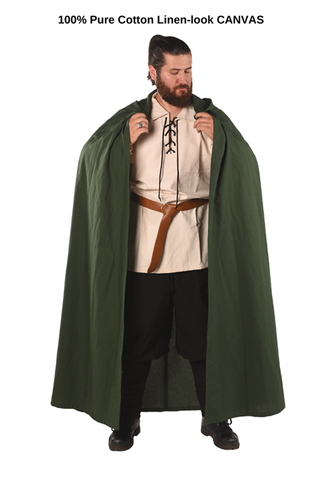 HERO Green Pure Cotton Canvas : Medieval Viking Renaissance Larp and Reeanctment Unisex Cotton Hooded Cloak. Produced in İstanbul/Turkey by bycalvina.us 
