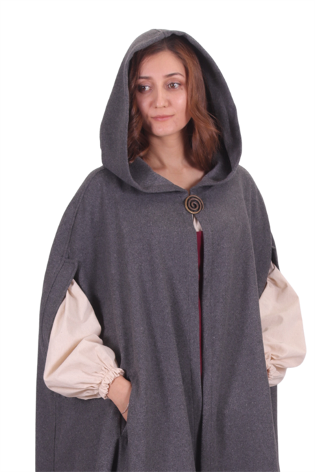 KAYLA Grey Wool Coat Cloak with Pockets - Medieval Viking Renasissance Maxi Hooded Wool Long Cloak 