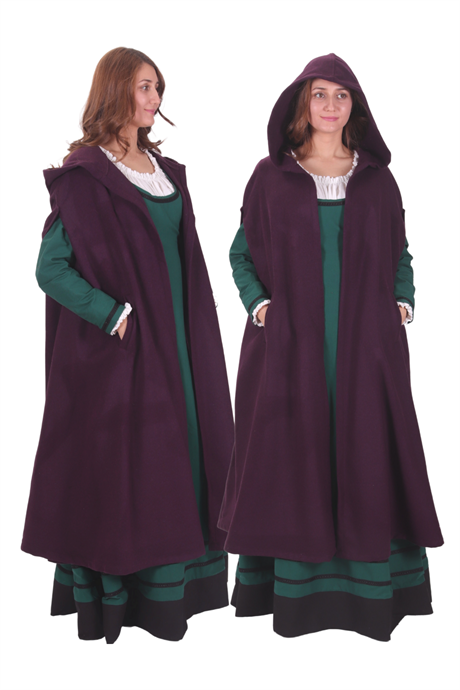 KAYLA Purple Wool Coat Cloak with Pockets - Medieval Viking Renasissance Maxi Hooded Wool Long Cloak 