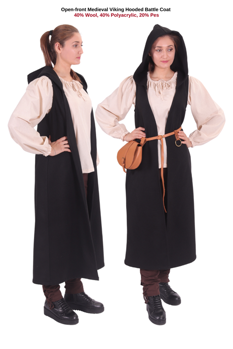 NORA Black Wool Battle Coat – Medieval Viking open front Battle Wool Coat with or without hood 