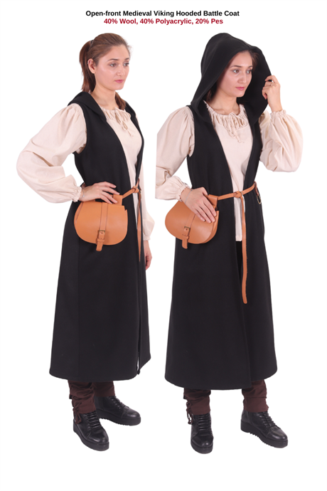 NORA Brown Wool Battle Coat – Medieval Viking open front Battle Wool Coat with or without hood 