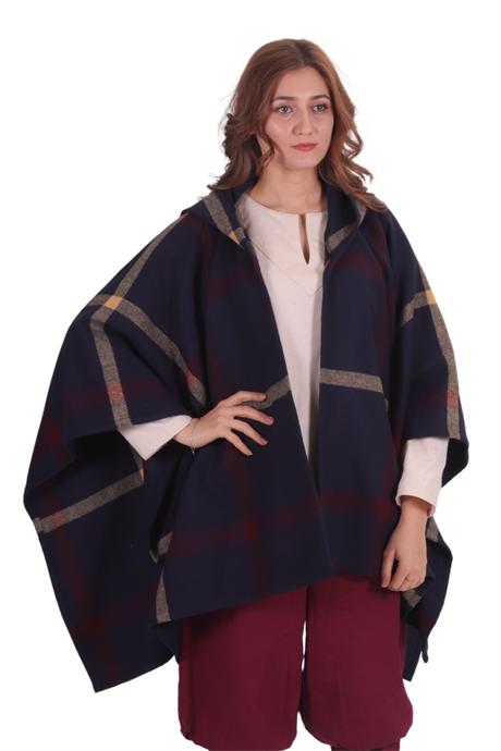 SHEILA  Dark Blue Wool Wool Pancho - Medieval Viking and Daily use Hooded Wool Pancho. 