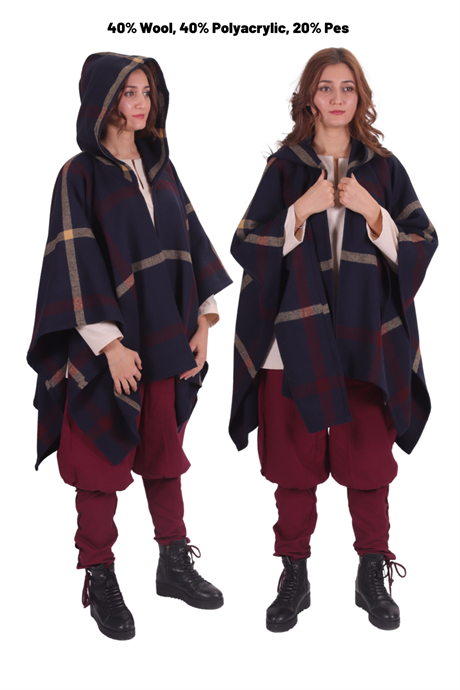 SHEILA  Dark Blue Wool Wool Pancho - Medieval Viking and Daily use Hooded Wool Pancho. 