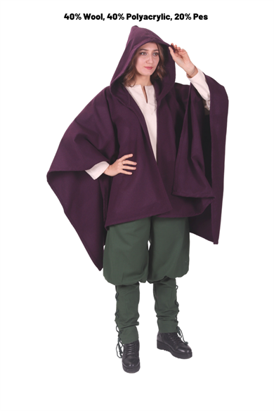  STELLA Purple Wool Pancho - Medieval Viking and Daily use Hooded Wool Pancho. 