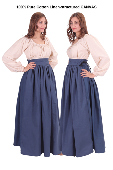 ANIKA Blue Cotton Canvas Skirt - Medieval Viking Renaissance Back waist gathered women skirt. Made by bycalvina.us
