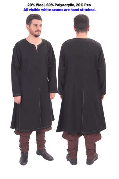 ARNE Black Wool Tunic : Medieval Viking Long sleeve Handstitched Wool Tunic 