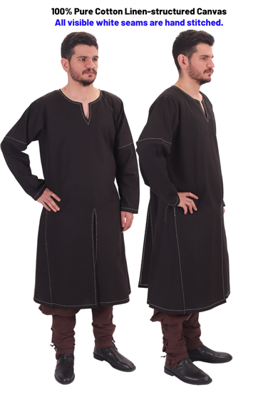 ARVID Black Cotton Canvas Tunic : Medieval Viking Long sleeve cotton Handstitched canvas tunic 