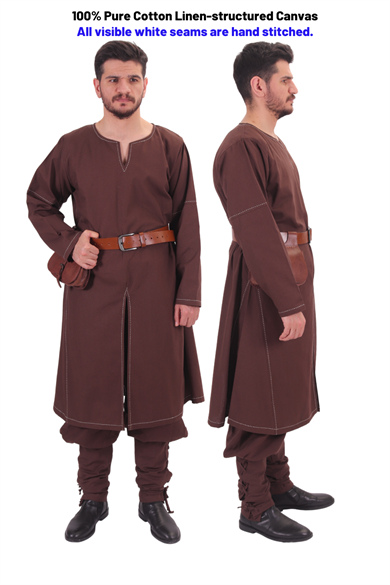 ARVID Brown Cotton Canvas Tunic : Medieval Viking Long sleeve cotton Handstitched canvas tunic 