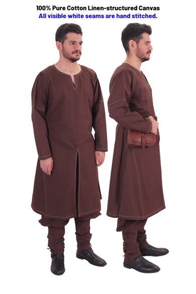 ARVID Brown Cotton Canvas Tunic : Medieval Viking Long sleeve cotton Handstitched canvas tunic 