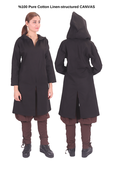 ATIYE Black Cotton Canvas Tunic : Medieval Viking Larp Middle Ages costume Long sleeve back and front slits hooded Tunic