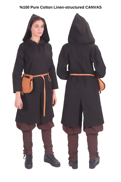 ATIYE Black Cotton Canvas Tunic : Medieval Viking Larp Middle Ages costume Long sleeve back and front slits hooded Tunic