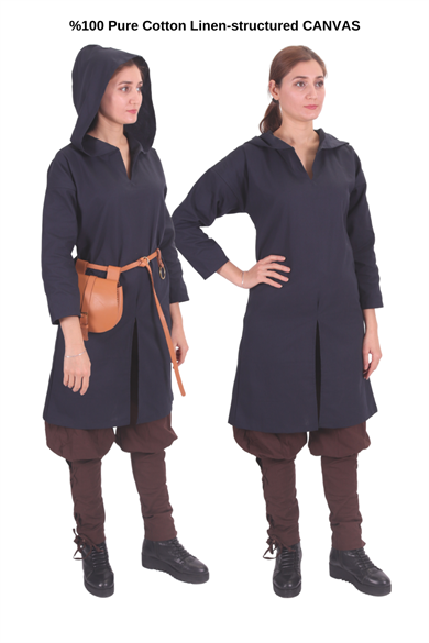 ATIYE Dark Blue Cotton Canvas Tunic : Medieval Viking Larp Middle Ages costume Long sleeve back and front slits hooded Tunic