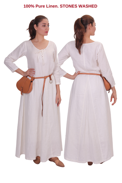 DAGNY White Linen Stone Washed Dress - Medieval Viking warrior women Linen Dress. Made in Turkey by bycalvina.us
