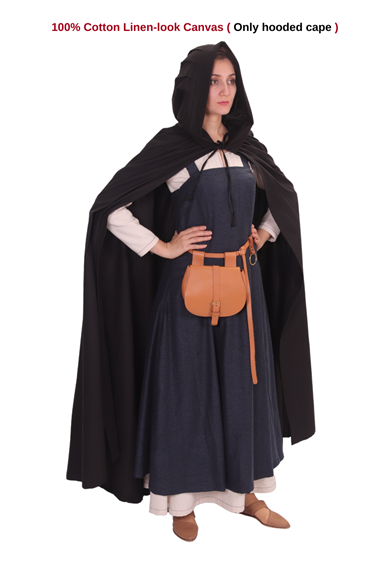 DINA Black Hooded Cloak - Medieval Viking Larp Renaissance Pleated Hood Cloak . Made in Turkey by bycalvina