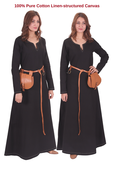 FREYA Black Cotton Canvas :  Medieval Viking Nordic Cotton Underdress from 10th and 11th century. 