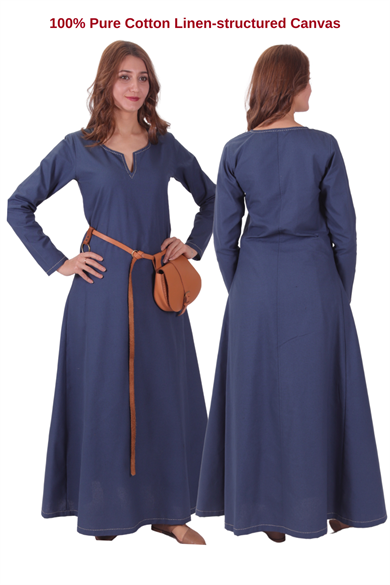 FREYA Blue Cotton Canvas :  Medieval Viking Nordic Cotton Underdress from 10th and 11th century. 