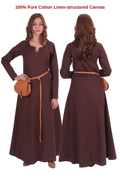 FREYA Brown Cotton Canvas :  Medieval Viking Nordic Cotton Underdress from 10th and 11th century. 