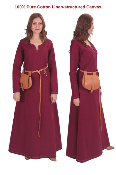 FREYA Burgundy Cotton Canvas :  Medieval Viking Nordic Cotton Underdress from 10th and 11th century. 