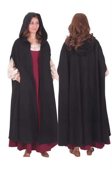 KAYLA Black Wool Coat Cloak with Pockets - Medieval Viking Renasissance Maxi Hooded Wool Long Cloak 