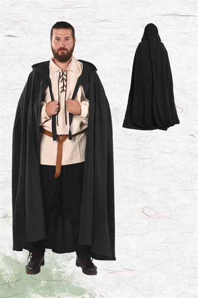 LORD Black WOOL: Medieval Viking Renaissance, Larp and Reeanactment Hooded Wool Cloak