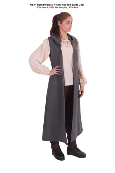 NORA Grey Wool Battle Coat – Medieval Viking open front Battle Wool Coat with or without hood 
