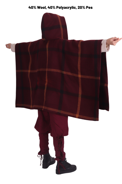 SHEILA  Burgundy Wool Pancho - Medieval Viking and Daily use Hooded Wool Pancho. 