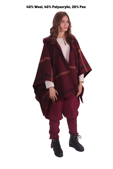 SHEILA  Burgundy Wool Pancho - Medieval Viking and Daily use Hooded Wool Pancho. 