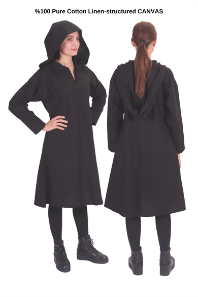 TYRA Black Cotton Canvas Tunic : Medieval Viking Larp Middle Ages costume Long sleeve hooded Tunic