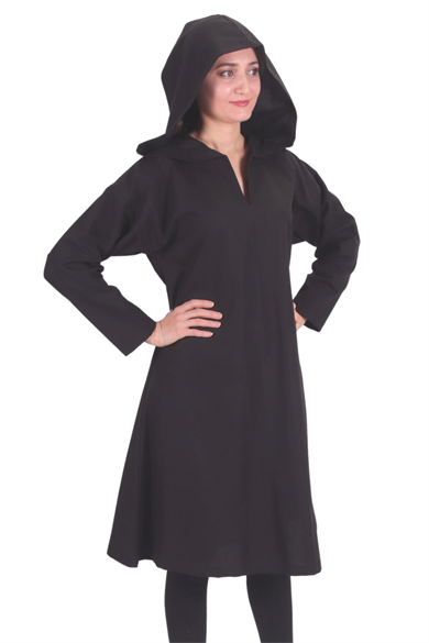 TYRA Black Cotton Canvas Tunic : Medieval Viking Larp Middle Ages costume Long sleeve hooded Tunic