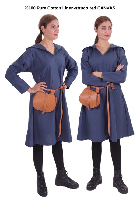 TYRA Blue Cotton Canvas Tunic : Medieval Viking Larp Middle Ages costume Long sleeve hooded Tunic