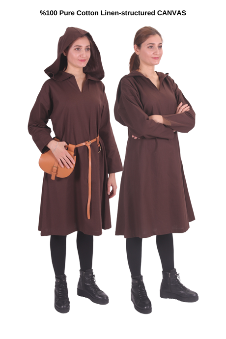 TYRA Brown Cotton Canvas Tunic : Medieval Viking Larp Middle Ages costume Long sleeve hooded Tunic