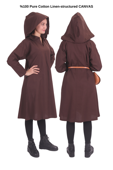 TYRA Brown Cotton Canvas Tunic : Medieval Viking Larp Middle Ages costume Long sleeve hooded Tunic