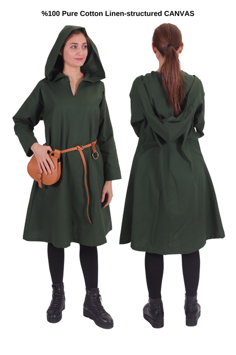 TYRA Green Cotton Canvas Tunic : Medieval Viking Larp Middle Ages costume Long sleeve hooded Tunic
