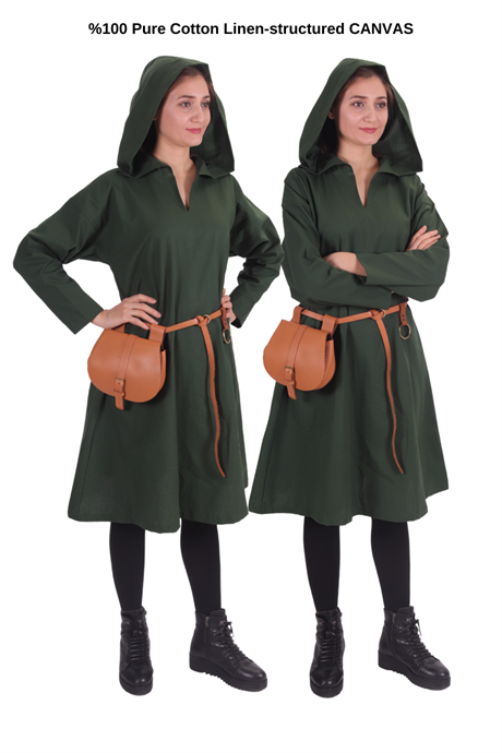 TYRA Green Cotton Canvas Tunic : Medieval Viking Larp Middle Ages costume Long sleeve hooded Tunic